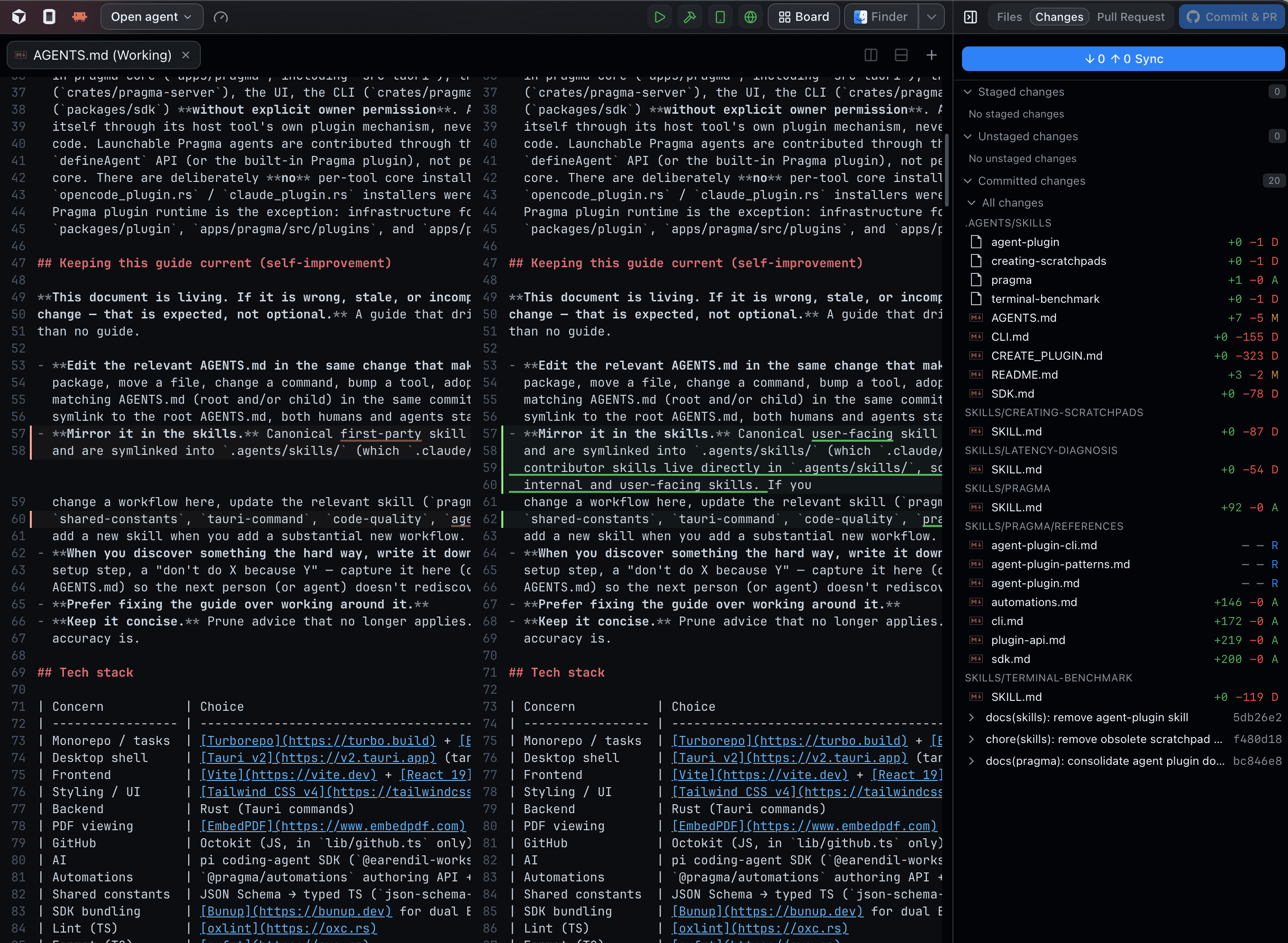 Pragma desktop app showing a side-by-side diff beside the staged changes panel