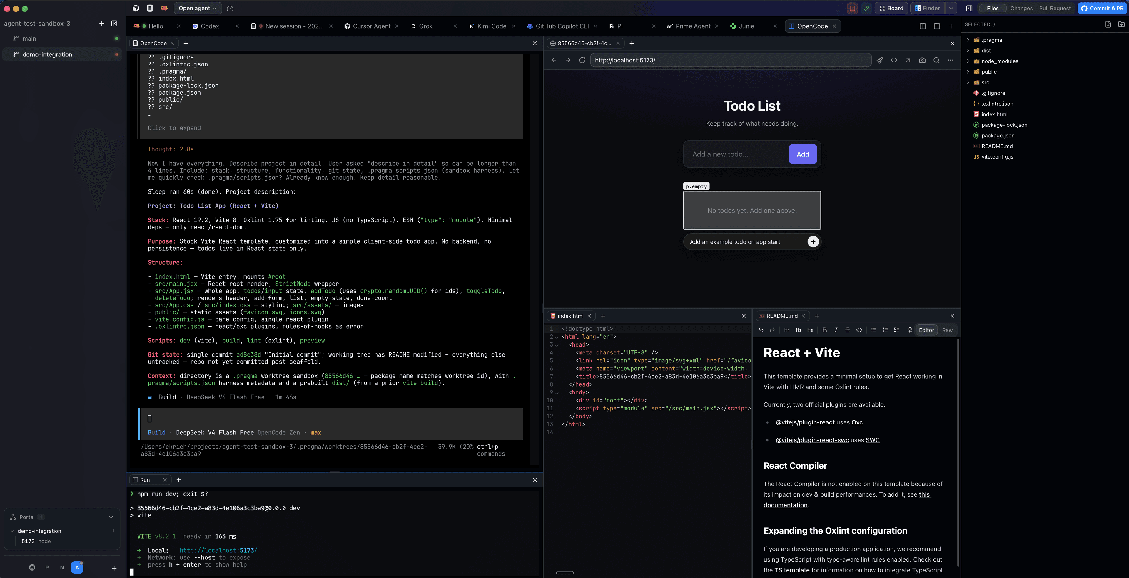 The Pragma desktop app running ten coding agents in parallel worktrees